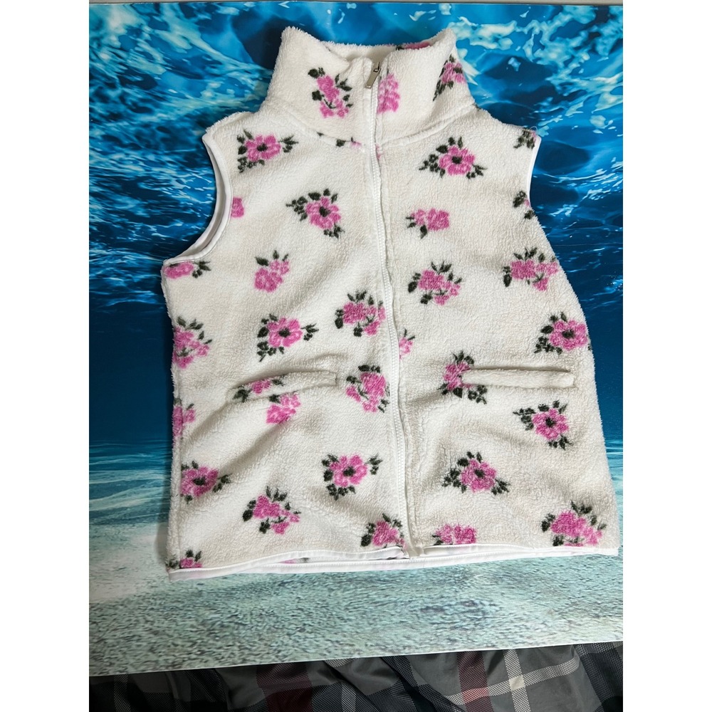 Seventh & Sunset Pink Floral Fleece Vest Cream Rose Print Sleeveless Jacket XS